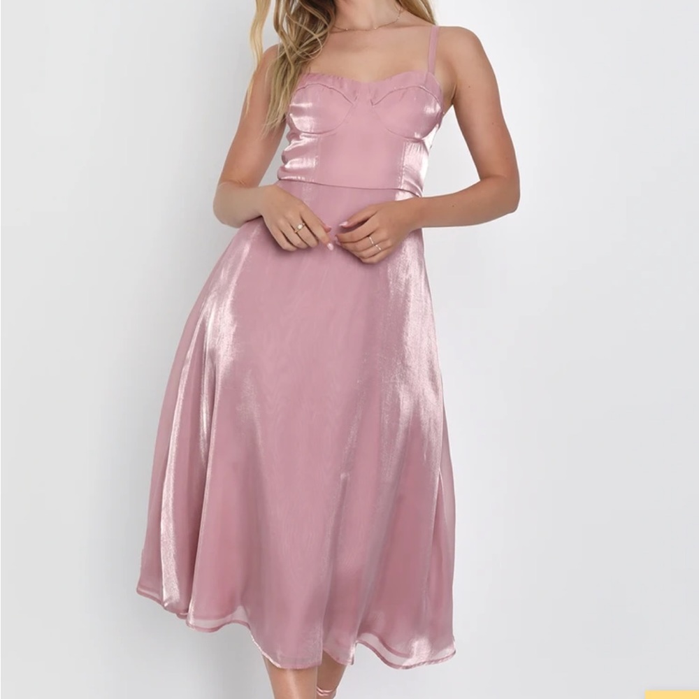 Sweetest Elegance Shiny Mauve Pink Bustier Midi Dress